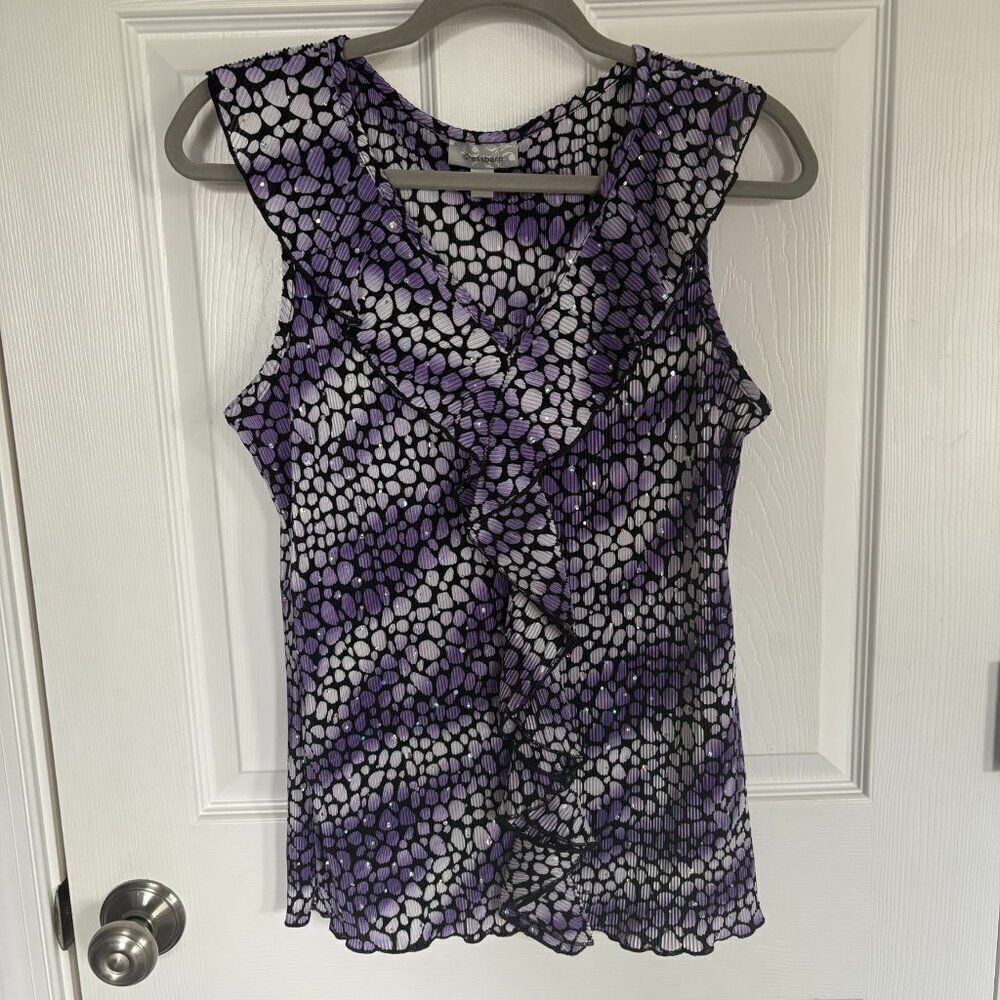 Dressbarn Textured Printed Sequin Ruffle Top Purple